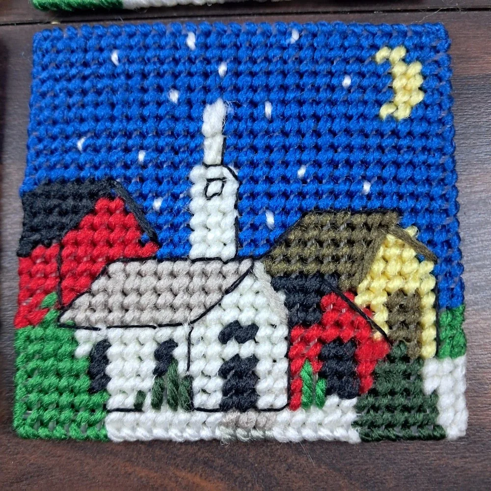 Vintage Plastic Canvas Coaster Set Village Church Scene Handmade‎ Needlepoint
